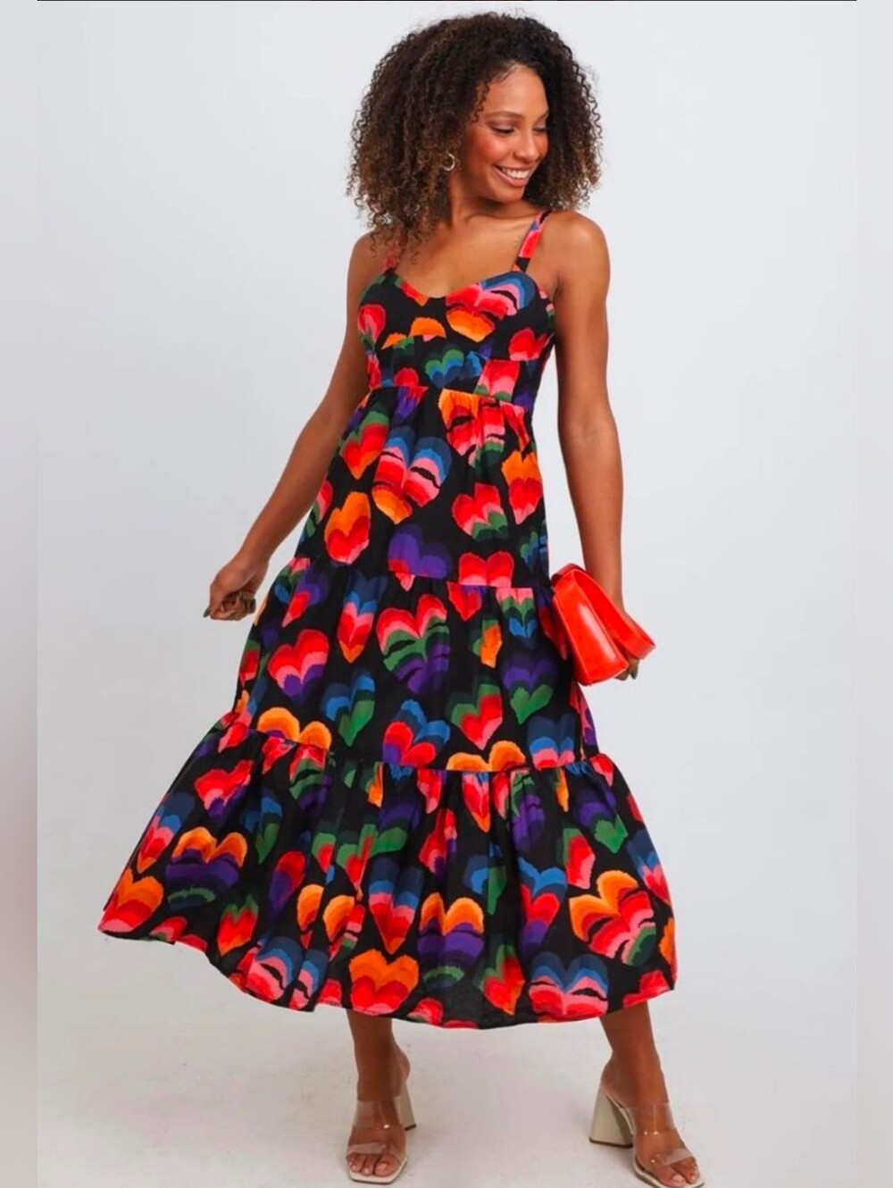 Farm Rio Brazil Multicolor Heart-Print Tiered Midi Dress Size Small